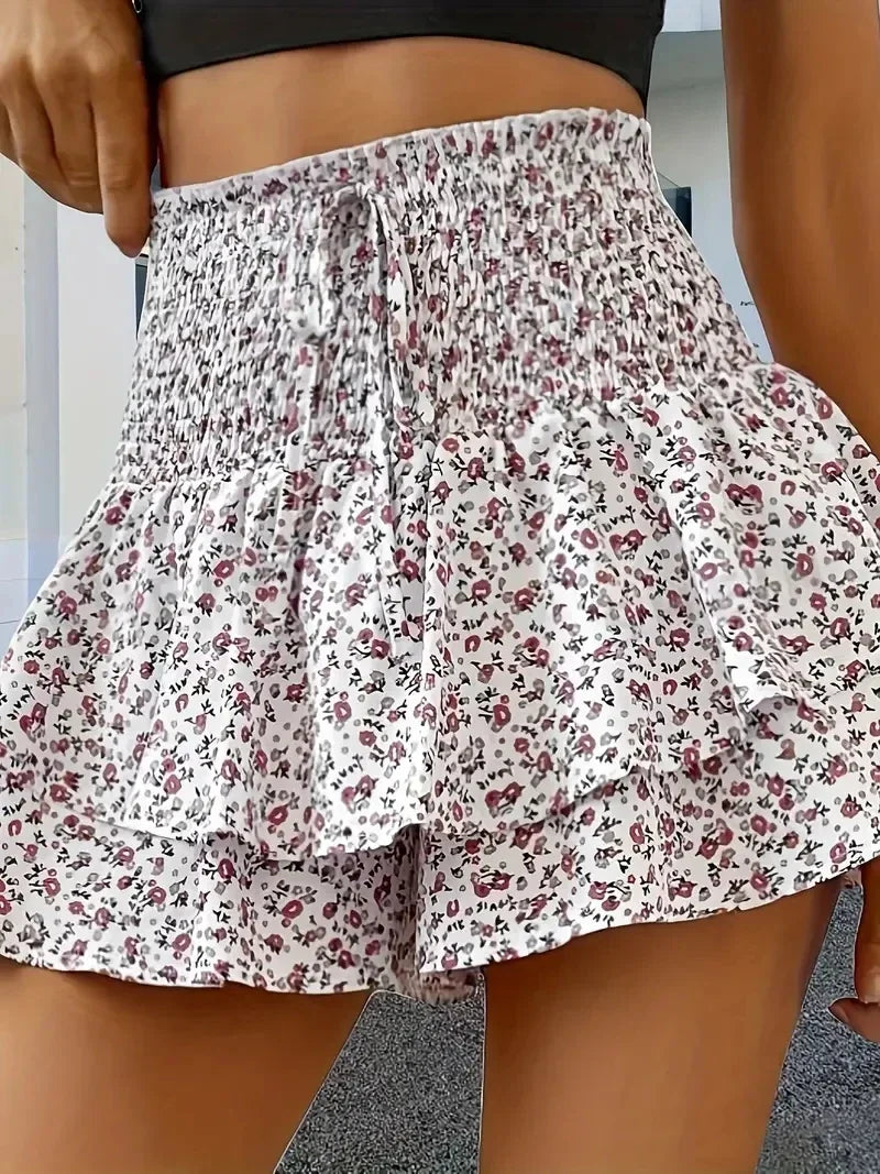 Women's Floral Print Elastic Waist Layered Hem Shorts