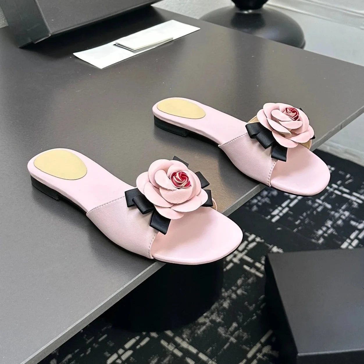 Genuine Leather Open-Toe Flat Heel Woman Slippers