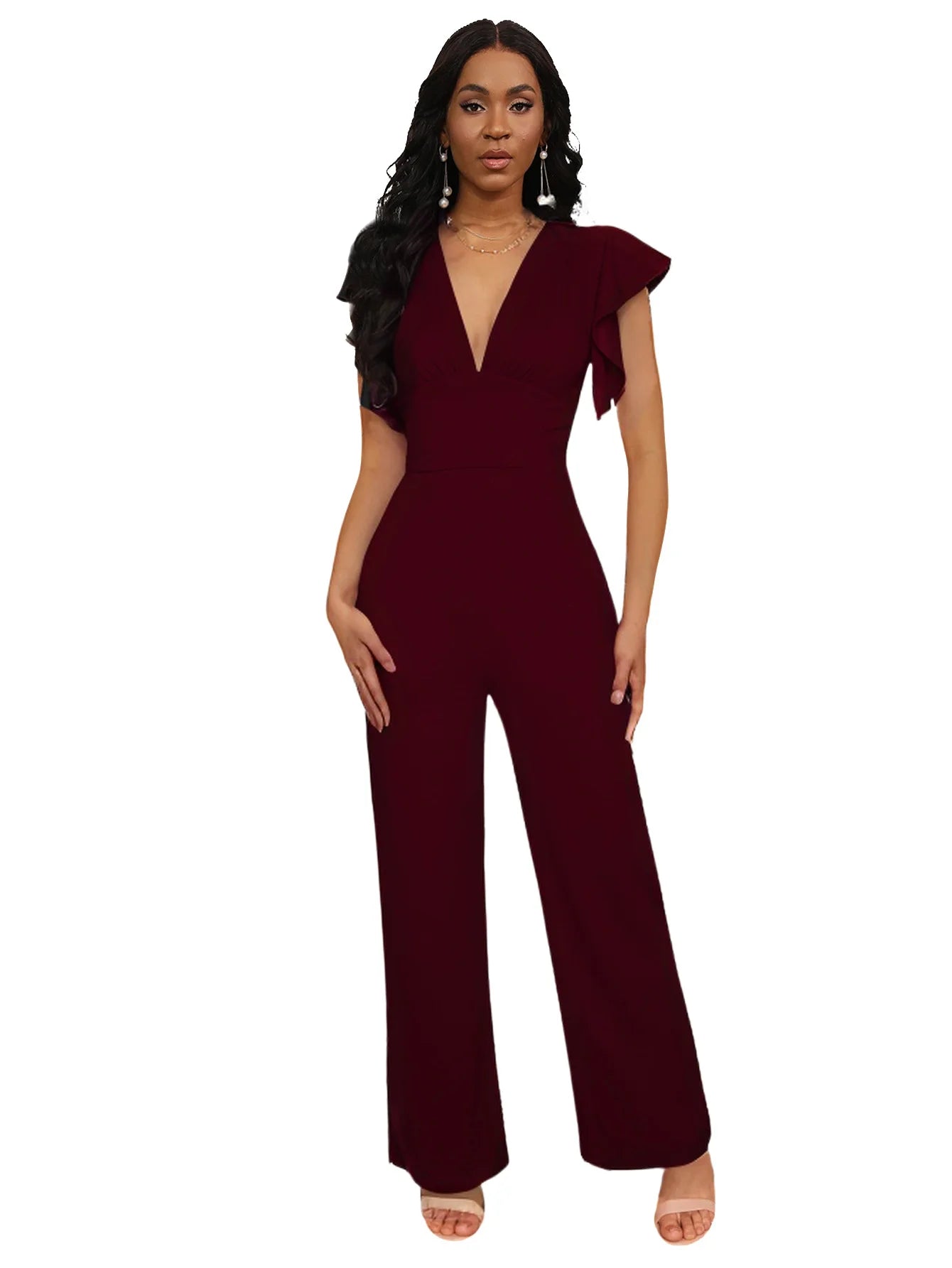 solid color dark V-neck women's jumpsuit