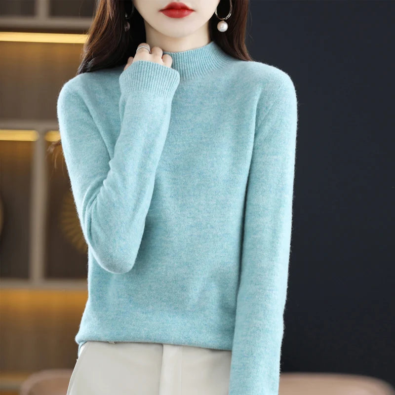 Women's Casual 100% Pure Wool Half-neck Pullover Cashmere Sweater