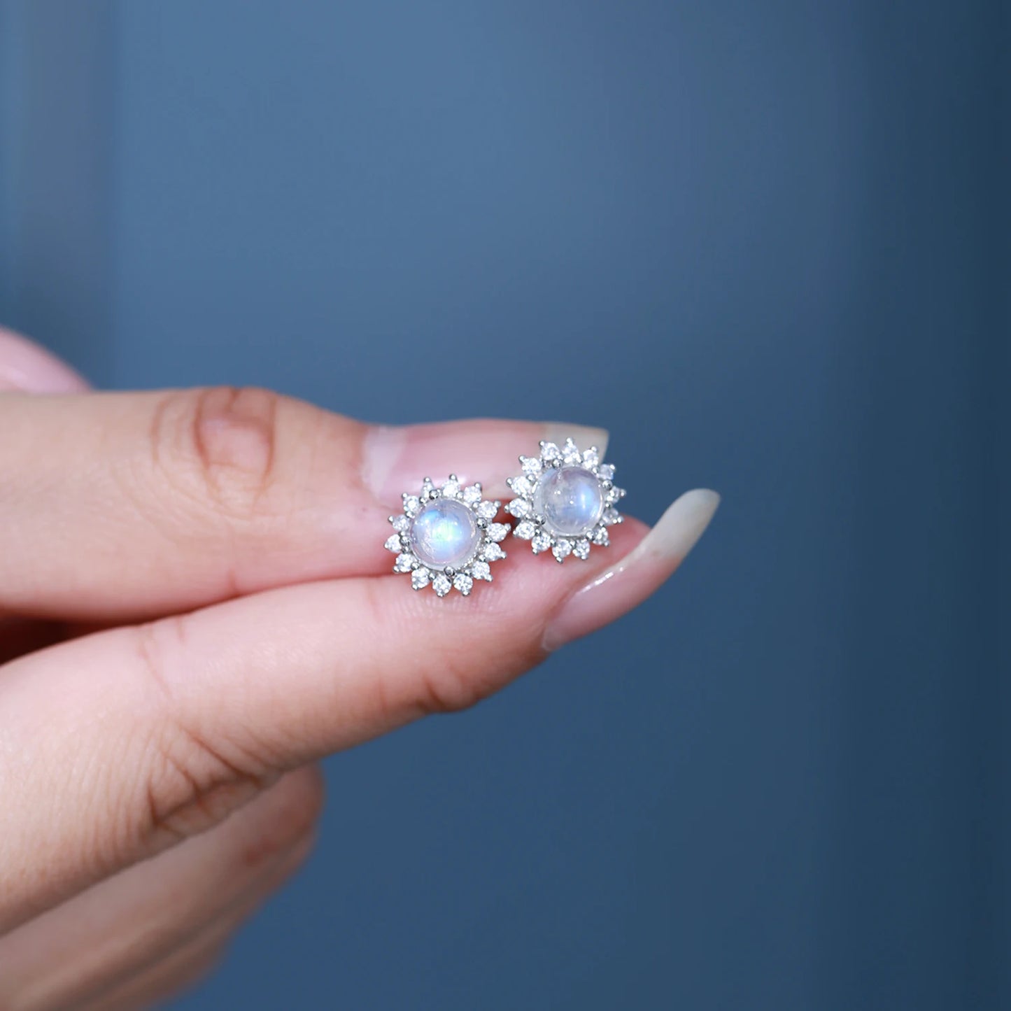 Women's Natural Rainbow Moonstone Halo Studs Earrings