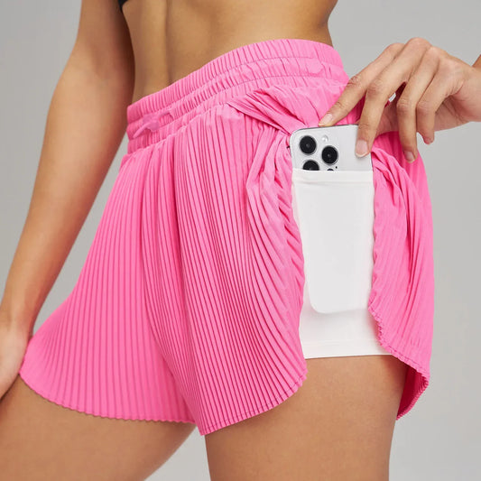 Women's Pleated Fitness Shorts with Pocket