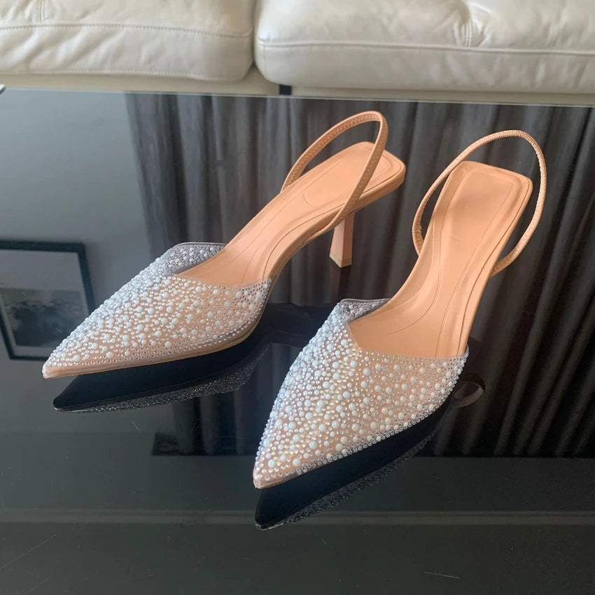 Women Slingback High Heels with Pearl Decoration