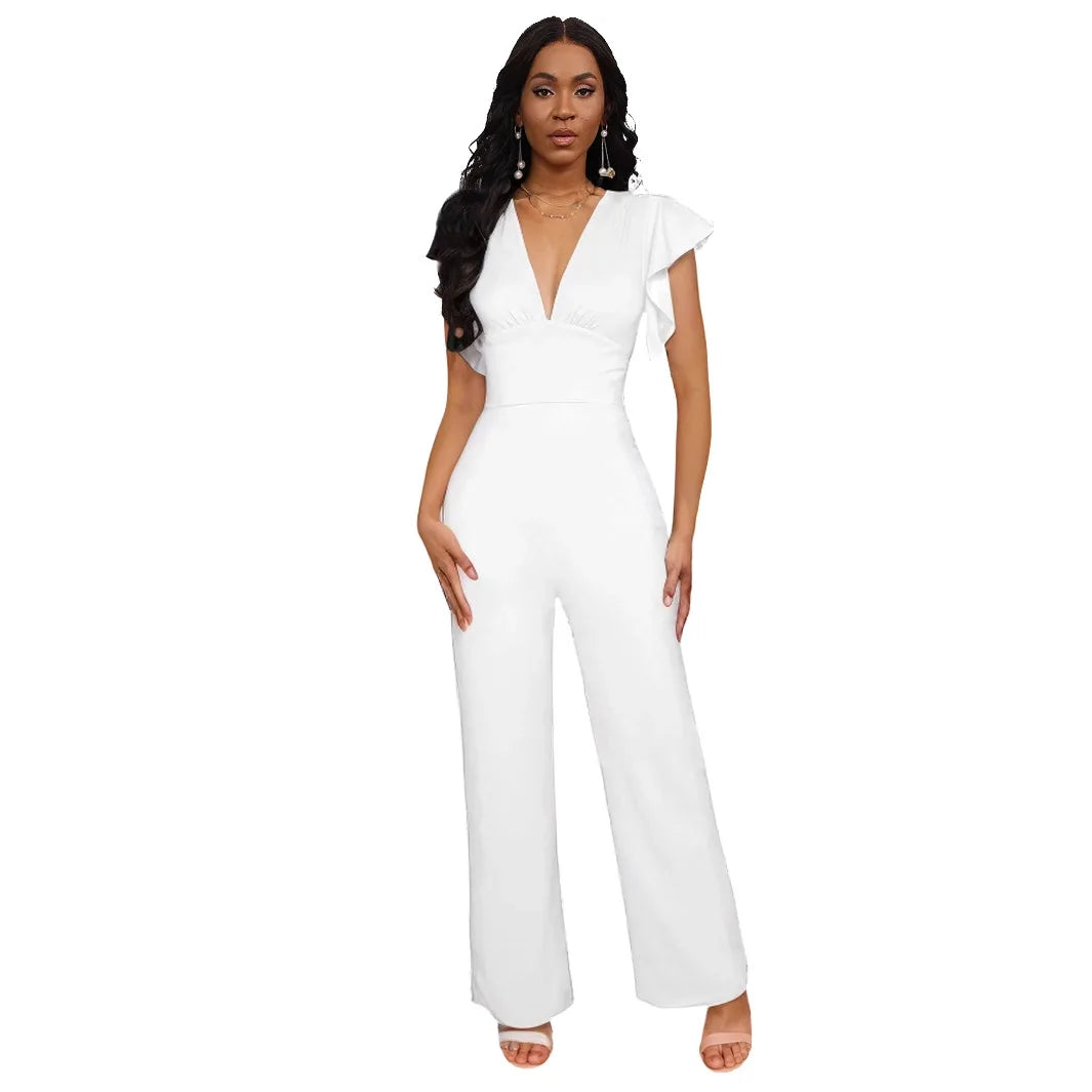 solid color dark V-neck women's jumpsuit