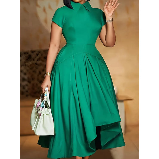 Women's Plus Size O Neck Short Sleeve A-Line Slim Fit Asymmetric Pleated Hem Dress