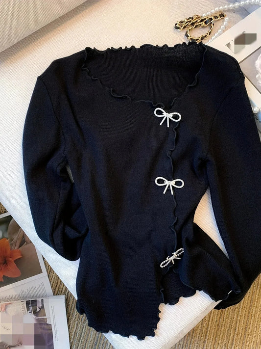 Black/White Solid Lettuce Trim Bowknot Pullover Sweater for Women