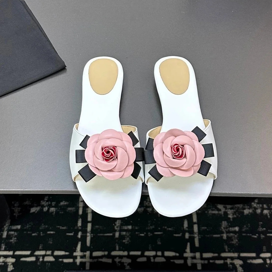 Genuine Leather Open-Toe Flat Heel Woman Slippers