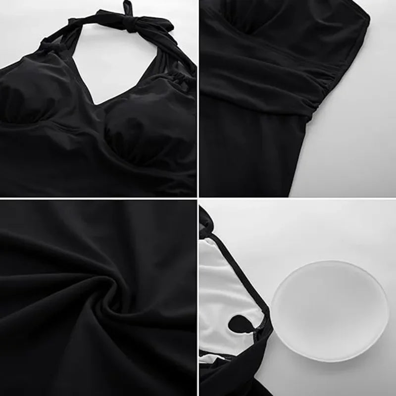 Women Plus Size Swimwear Two Piece Swimdress with Neck Halter
