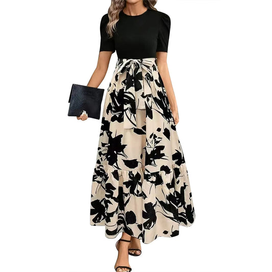 Women's High Waist Floral Print Short Sleeve Dress