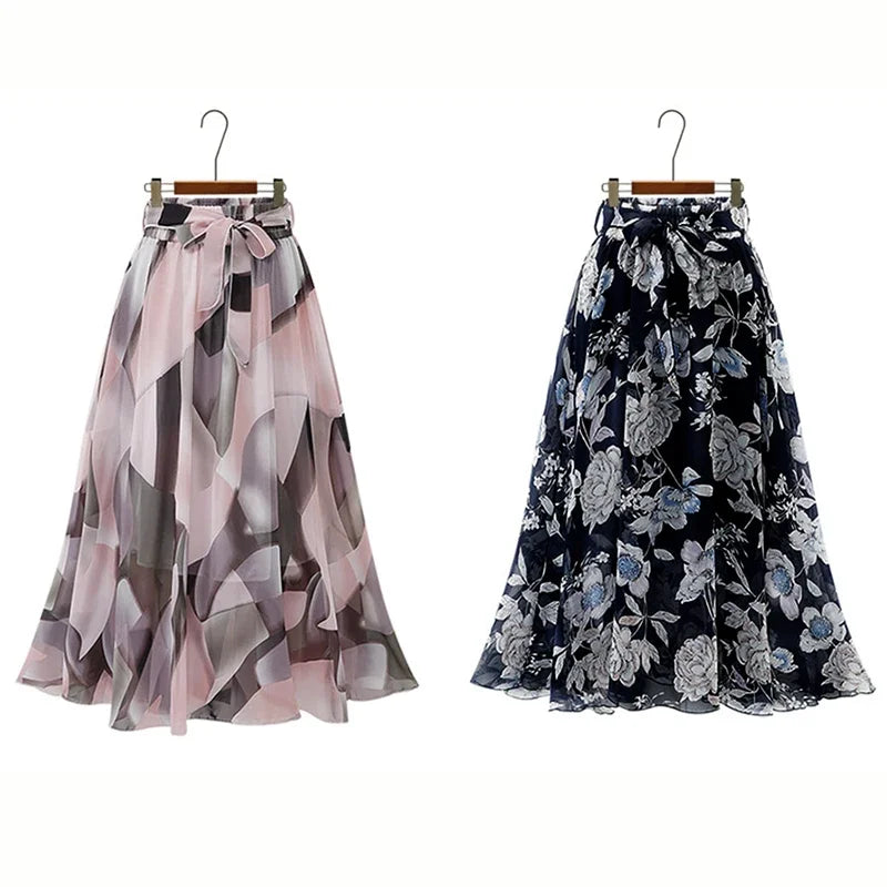 Women's Plus Size Chiffon Loose Elastic Waist Floral Print Skirt