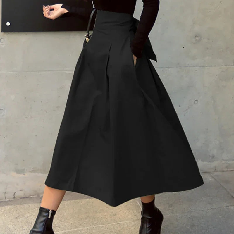 Women's High Waist Solid Skirt with Bow