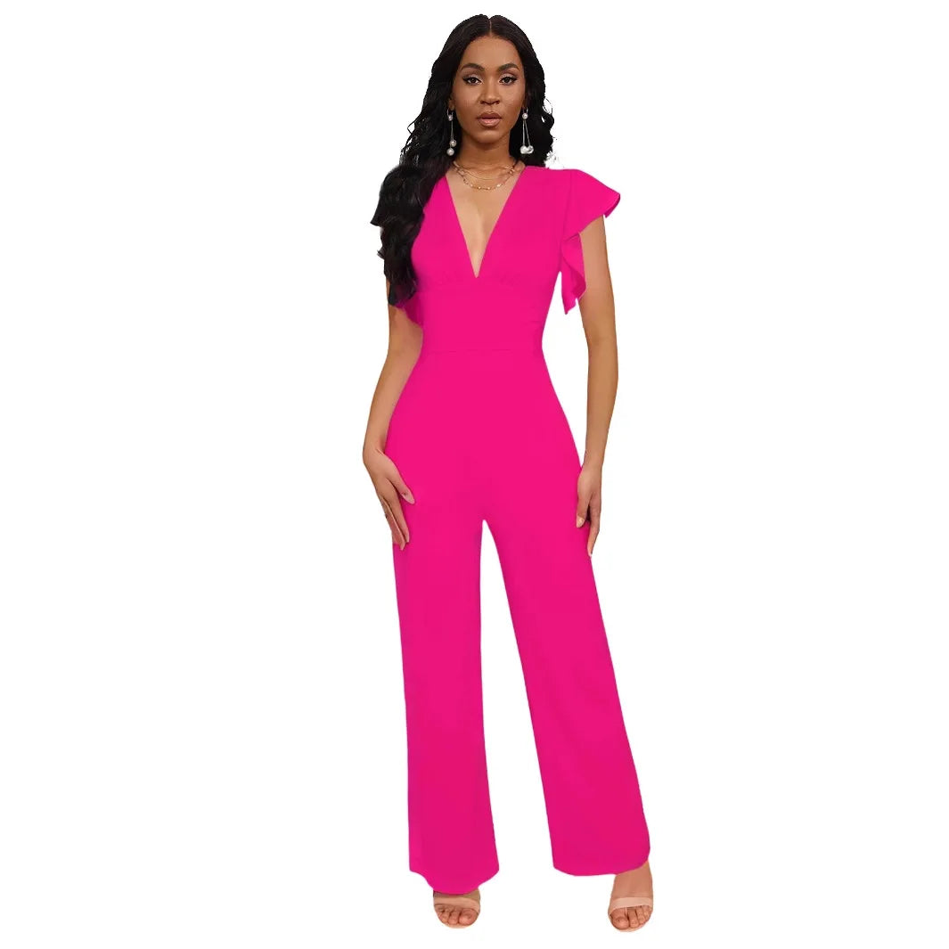 solid color dark V-neck women's jumpsuit
