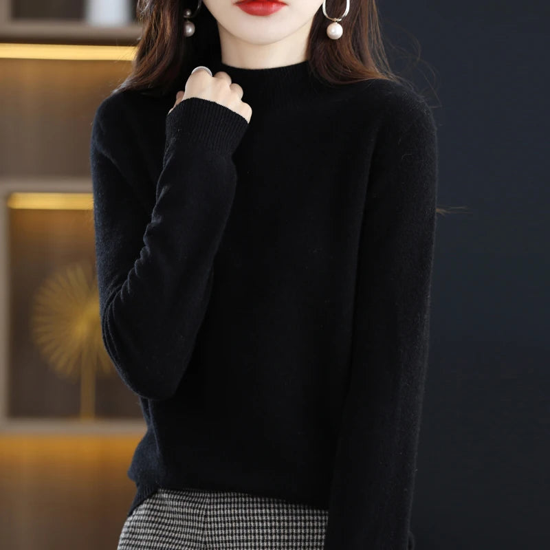 Women's Casual 100% Pure Wool Half-neck Pullover Cashmere Sweater
