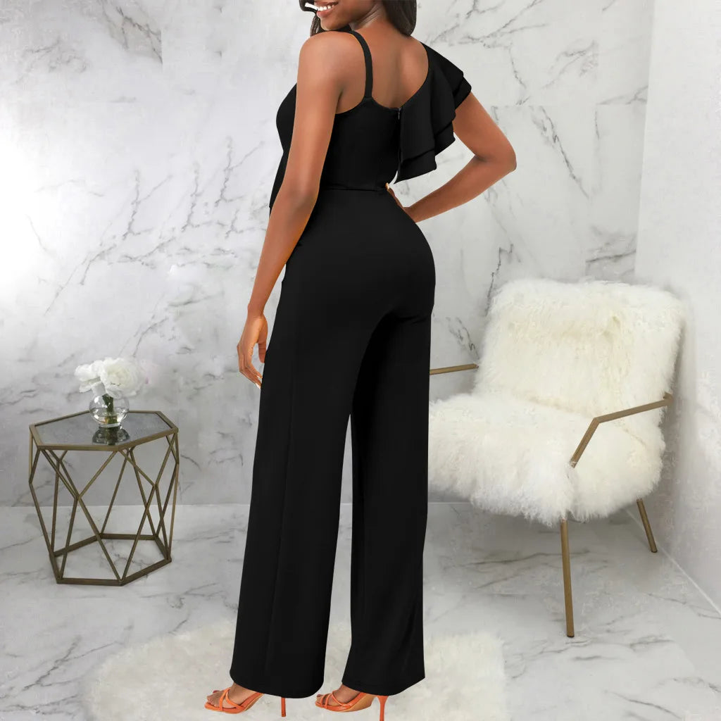 solid color shoulder strap V-neck women's jumpsuit