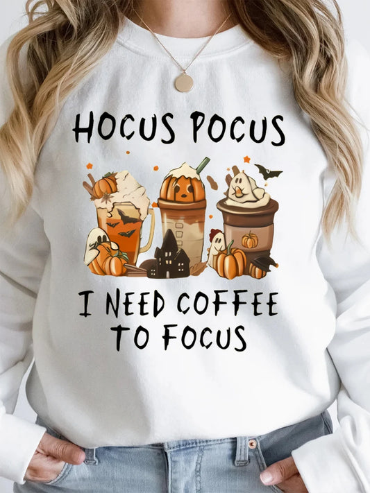Pumpkin Coffee Fun Printed Pattern Women's Round Neck Sweatshirt