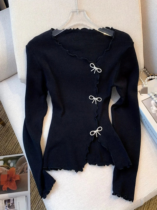 Black/White Solid Lettuce Trim Bowknot Pullover Sweater for Women