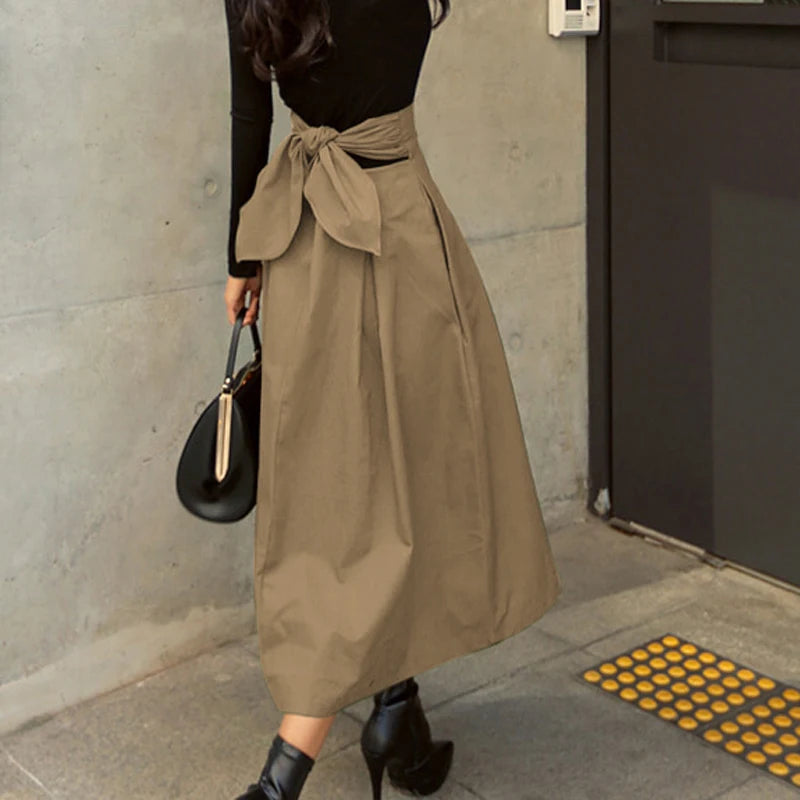Women's High Waist Solid Skirt with Bow