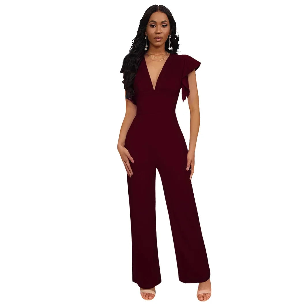 solid color dark V-neck women's jumpsuit