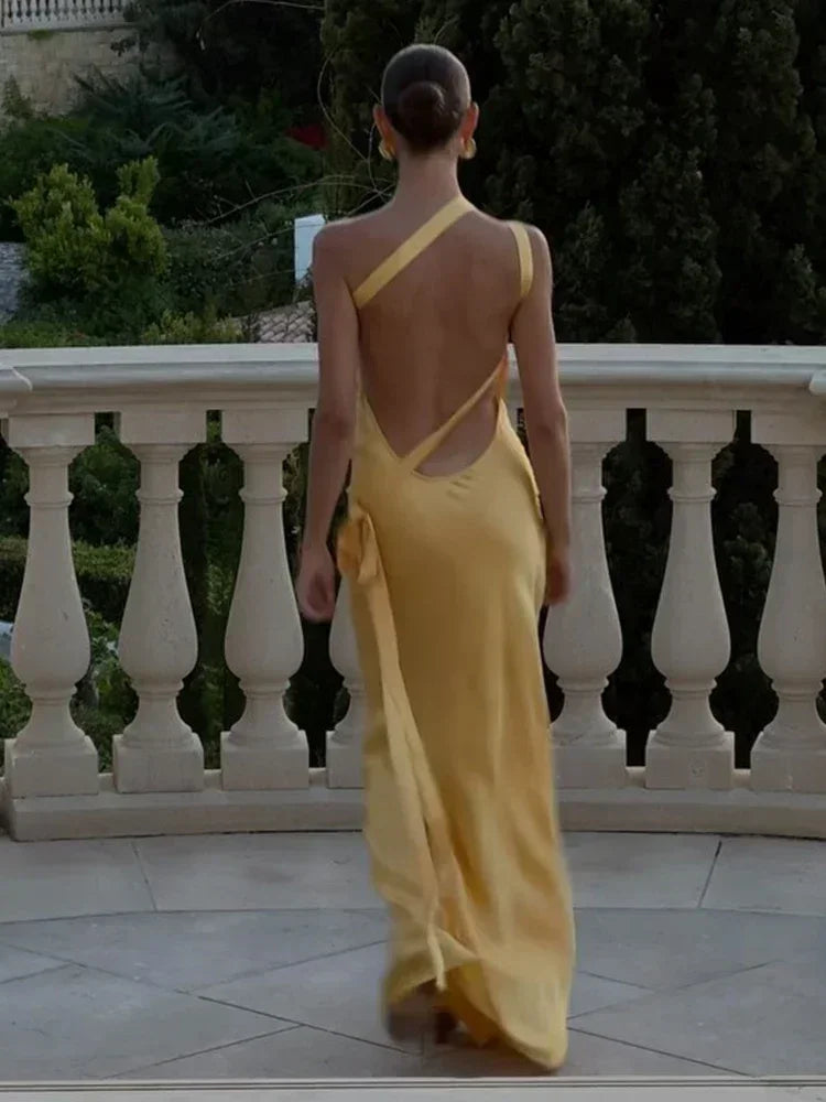 Women's Backless Yellow Satin Lace Up Dress