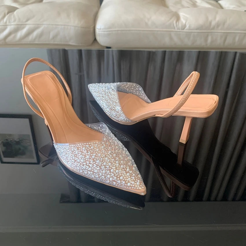 Women Slingback High Heels with Pearl Decoration