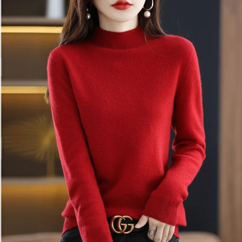 Women's Casual 100% Pure Wool Half-neck Pullover Cashmere Sweater