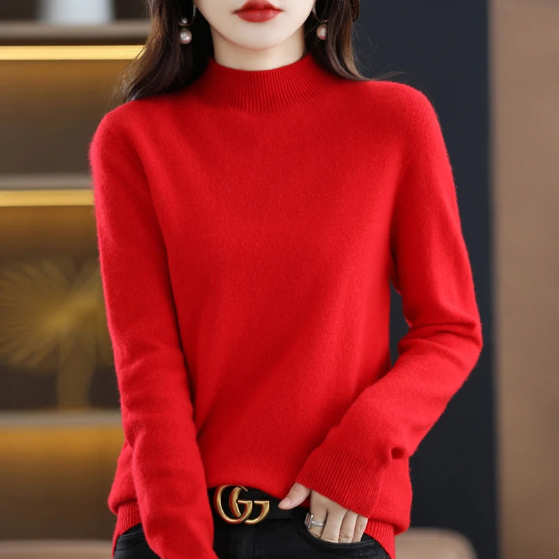 Women's Casual 100% Pure Wool Half-neck Pullover Cashmere Sweater