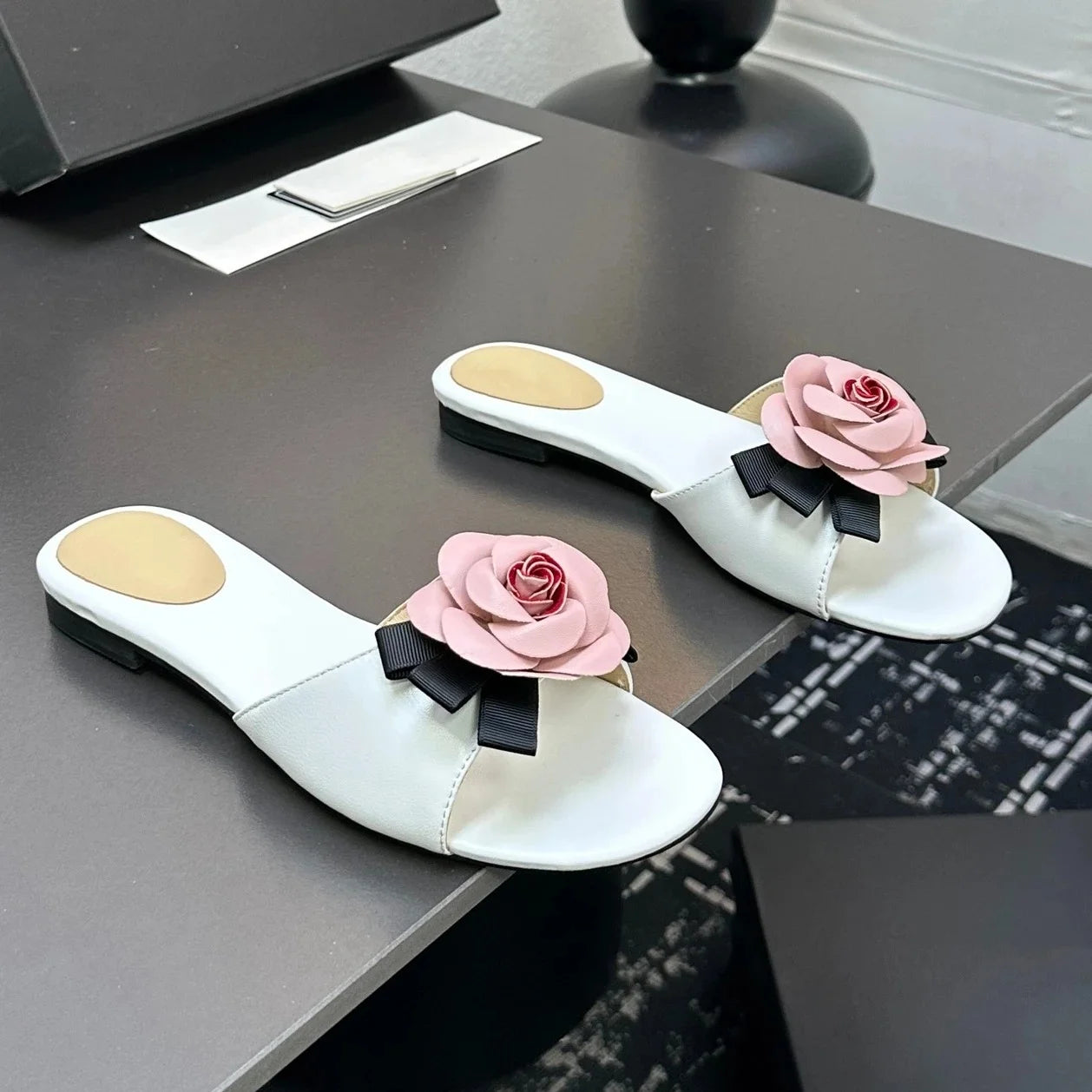 Genuine Leather Open-Toe Flat Heel Woman Slippers