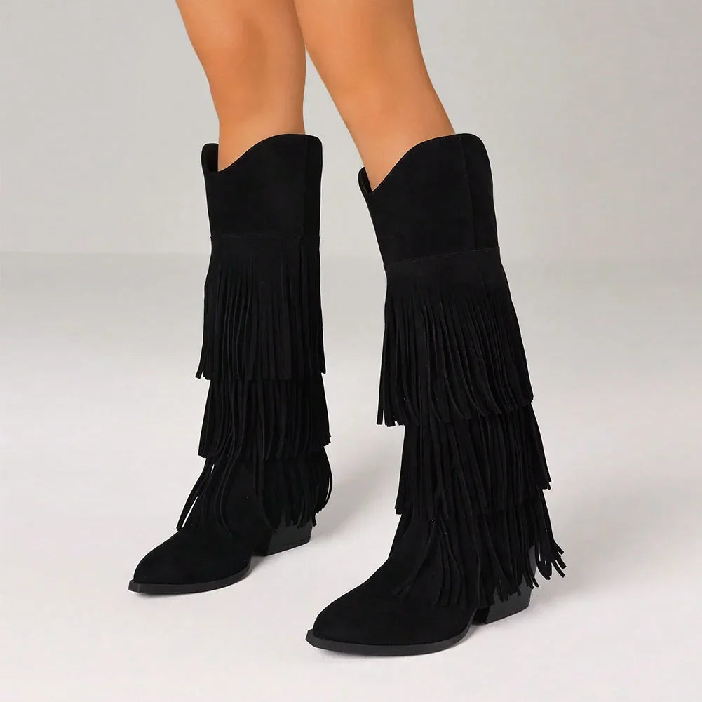 Women's Retro Fringe Knee High Pointed Toe Cowboy Boots