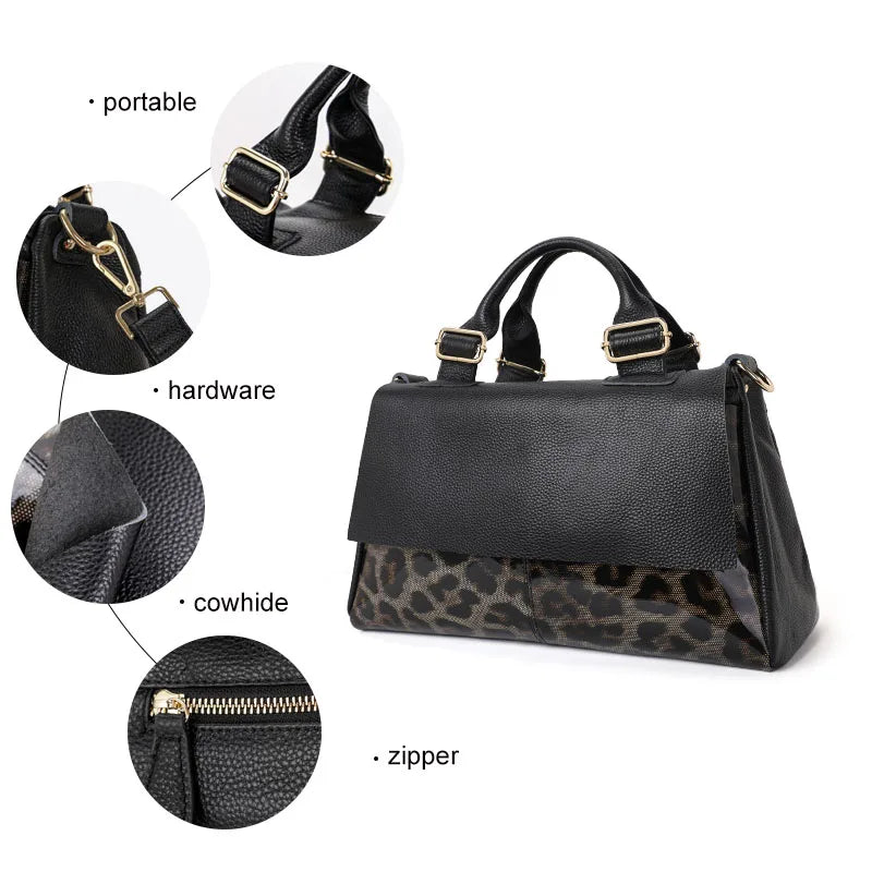 Fashionable Leopard Print Women's Cowhide Handbag