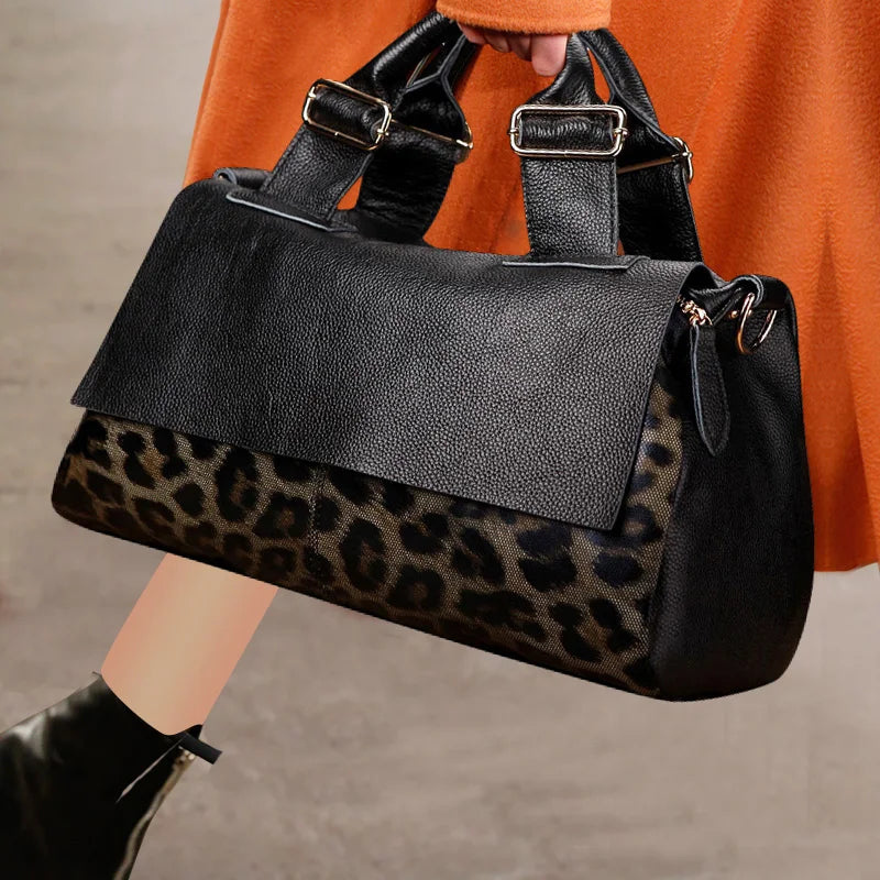 Fashionable Leopard Print Women's Cowhide Handbag