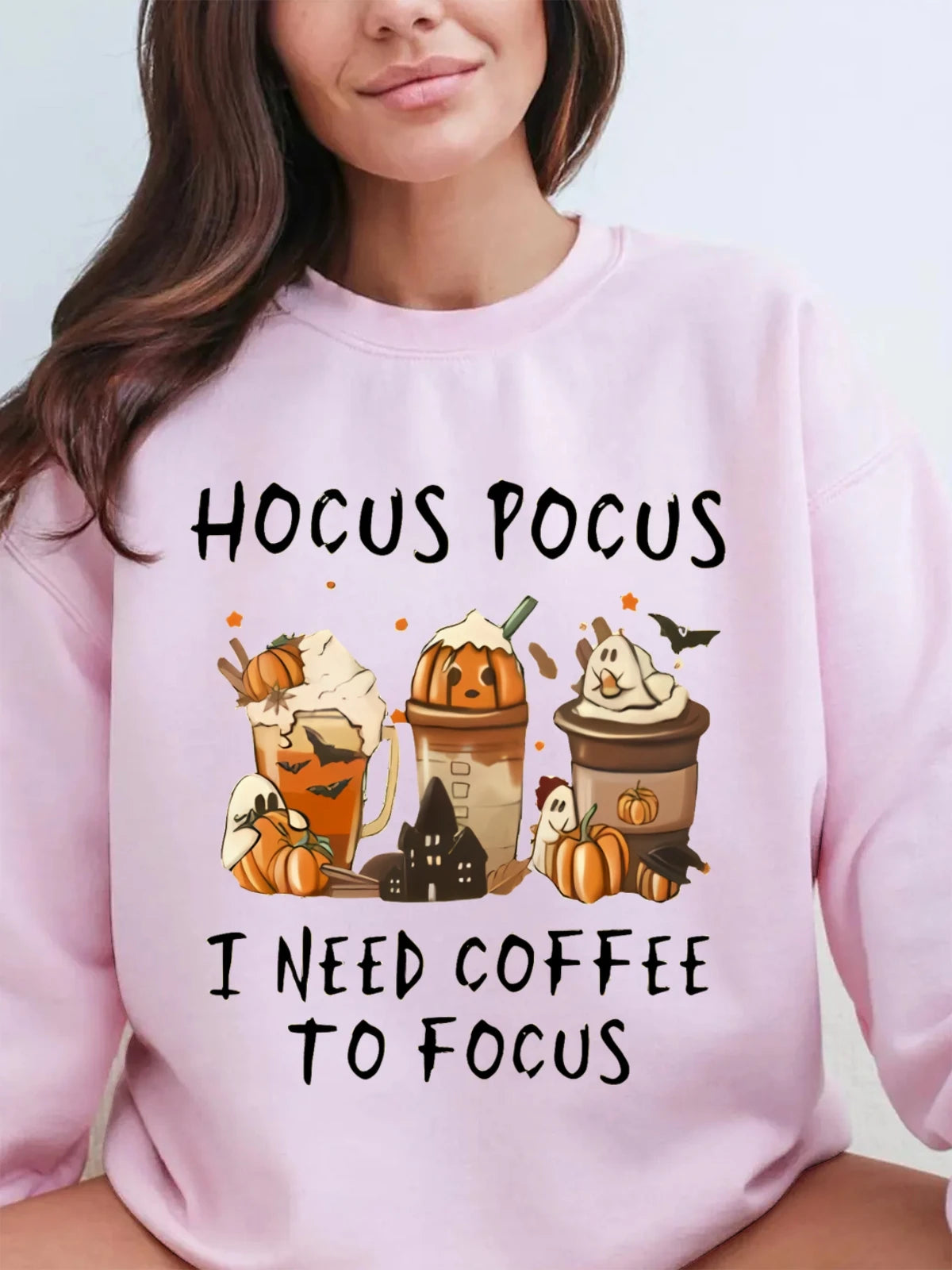 Pumpkin Coffee Fun Printed Pattern Women's Round Neck Sweatshirt
