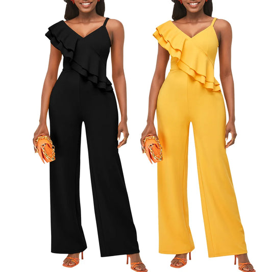 solid color shoulder strap V-neck women's jumpsuit