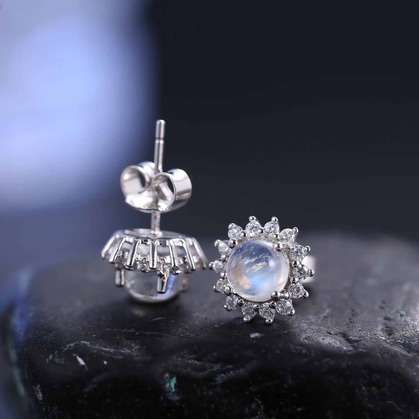 Women's Natural Rainbow Moonstone Halo Studs Earrings