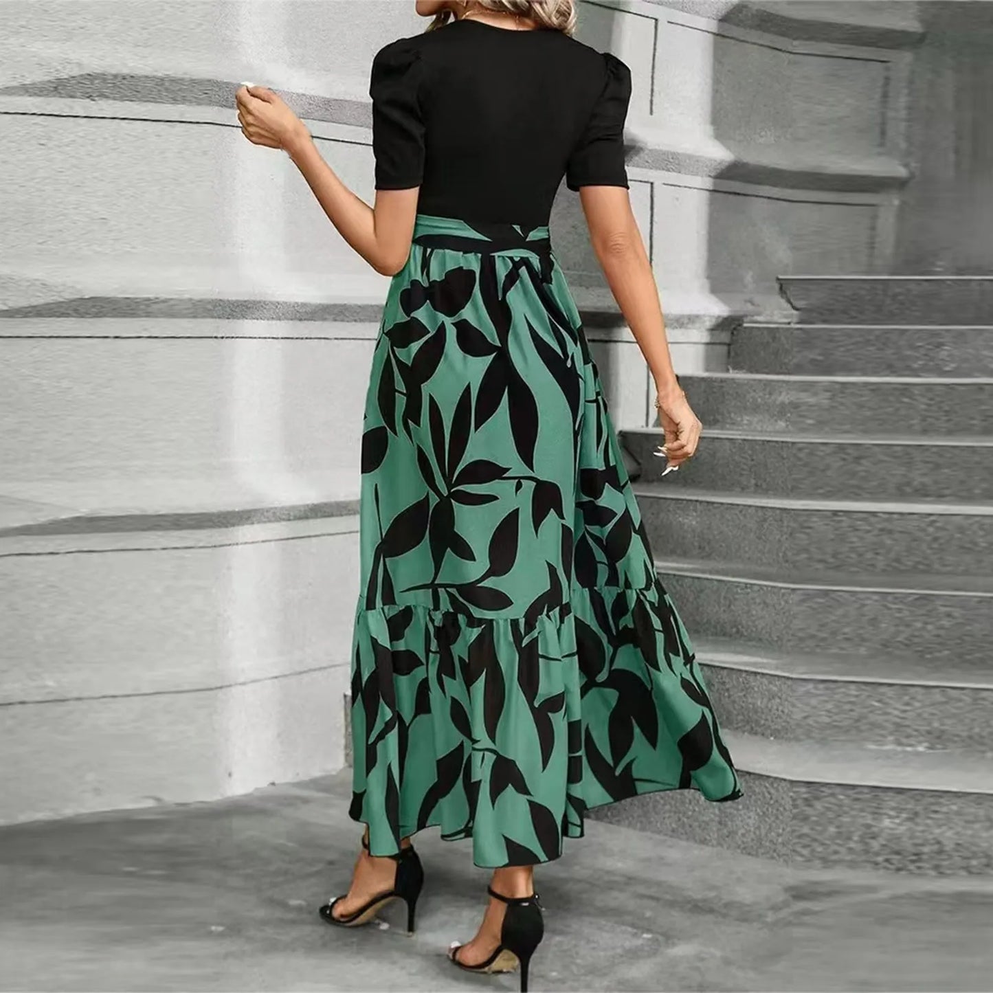 Women's High Waist Floral Print Short Sleeve Dress