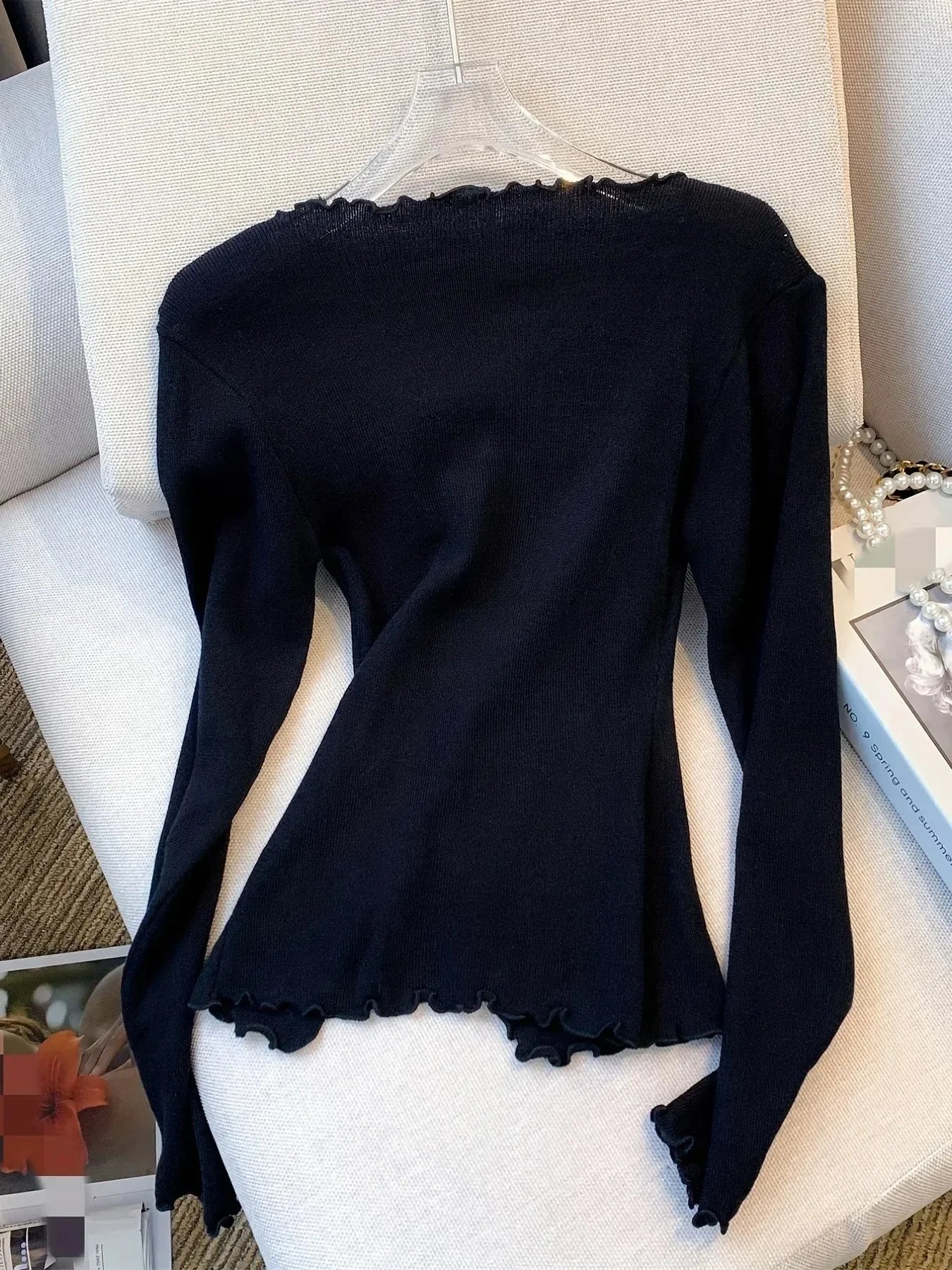 Black/White Solid Lettuce Trim Bowknot Pullover Sweater for Women