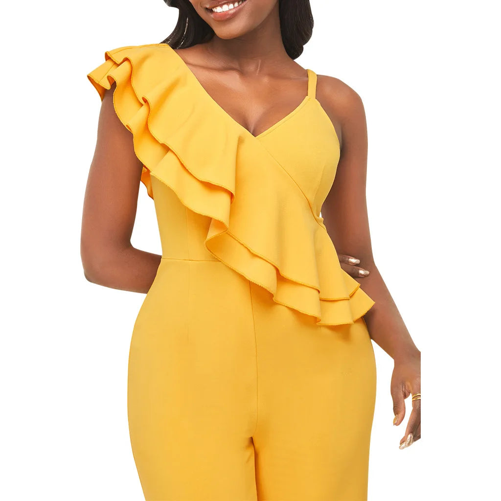 solid color shoulder strap V-neck women's jumpsuit