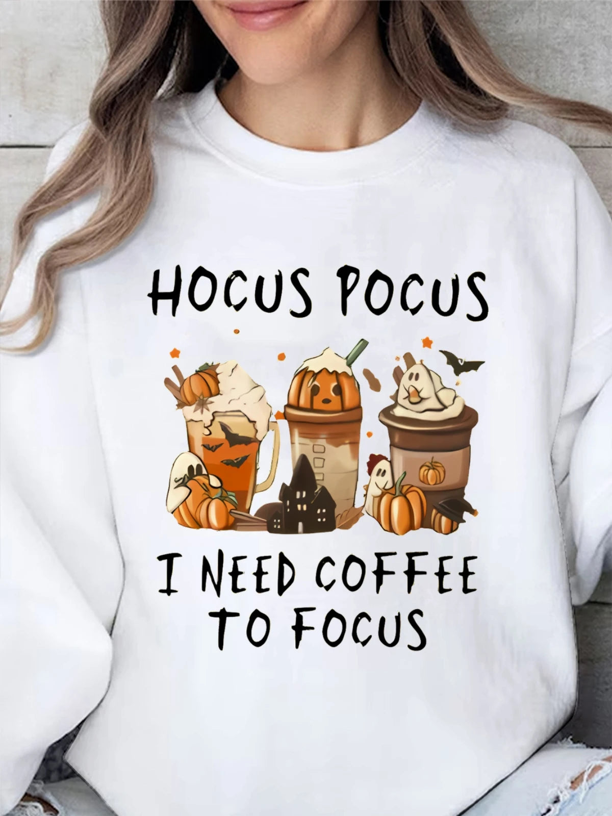 Pumpkin Coffee Fun Printed Pattern Women's Round Neck Sweatshirt