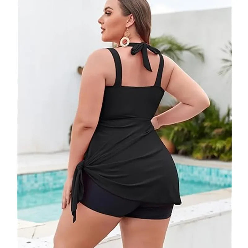Women Plus Size Swimwear Two Piece Swimdress with Neck Halter