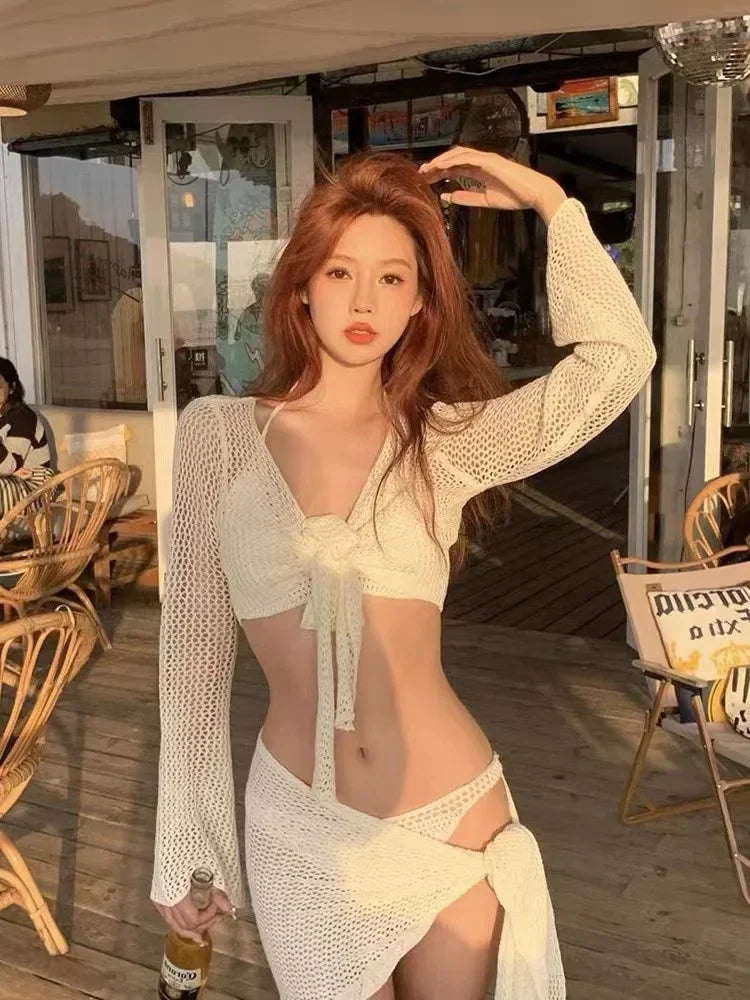 Women's 4 Piece Lace Up Bikinis Set with Solid Long Sleeve Cover Up with Skirt