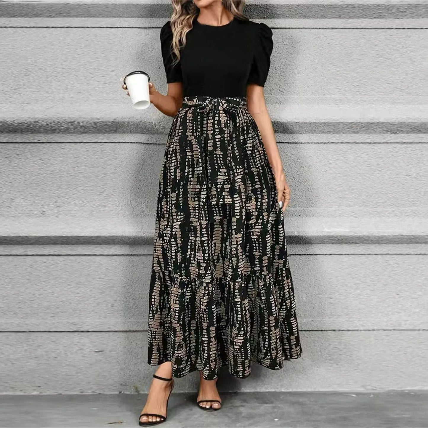 Women's High Waist Floral Print Short Sleeve Dress
