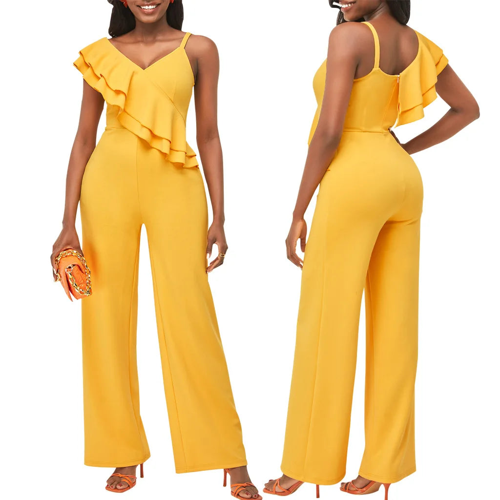 solid color shoulder strap V-neck women's jumpsuit
