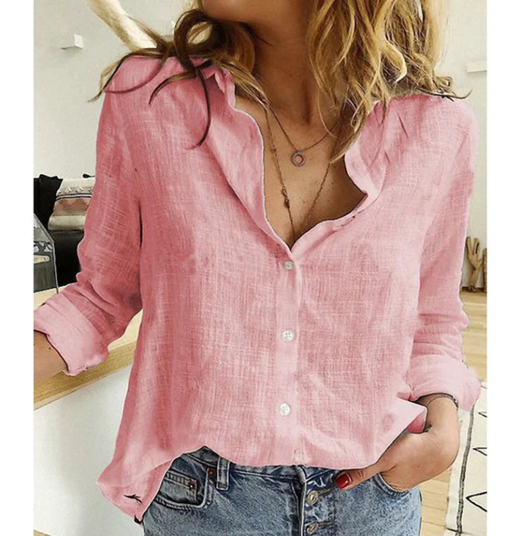 Women Casual Long Sleeve Cotton Linen Loose Shirt