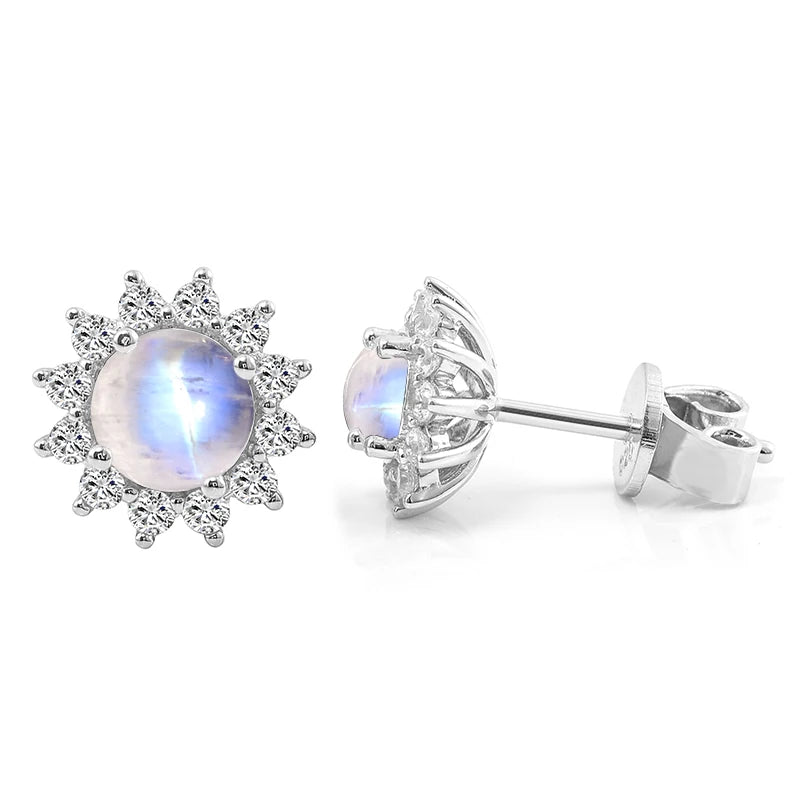 Women's Natural Rainbow Moonstone Halo Studs Earrings