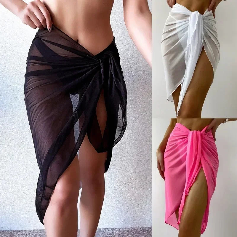 Summer Beach Sheer Wrap Knot Waist Swimsuit Cover Up Skirt