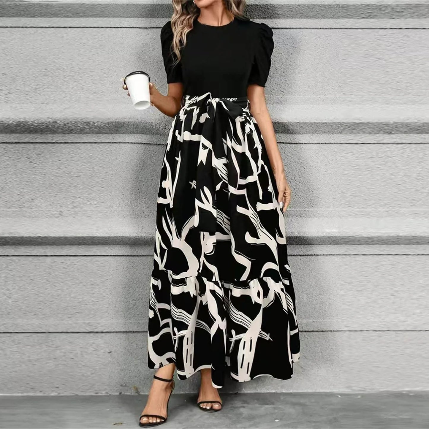 Women's High Waist Floral Print Short Sleeve Dress