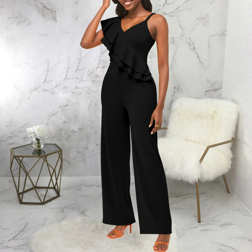 solid color shoulder strap V-neck women's jumpsuit