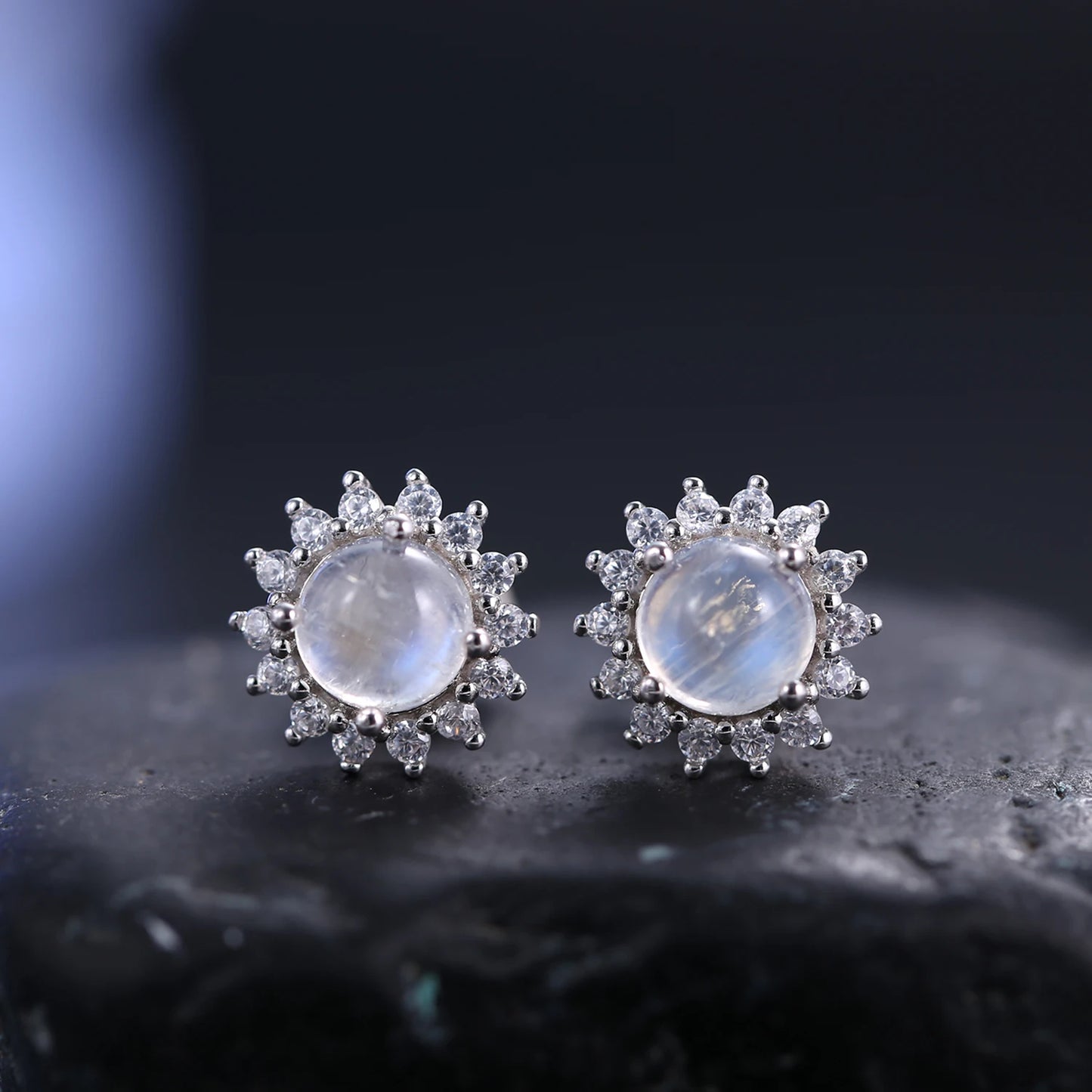 Women's Natural Rainbow Moonstone Halo Studs Earrings
