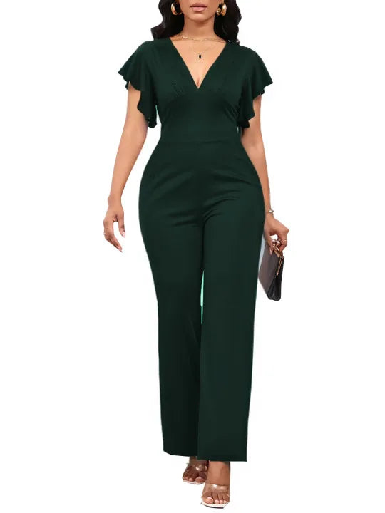 solid color dark V-neck women's jumpsuit