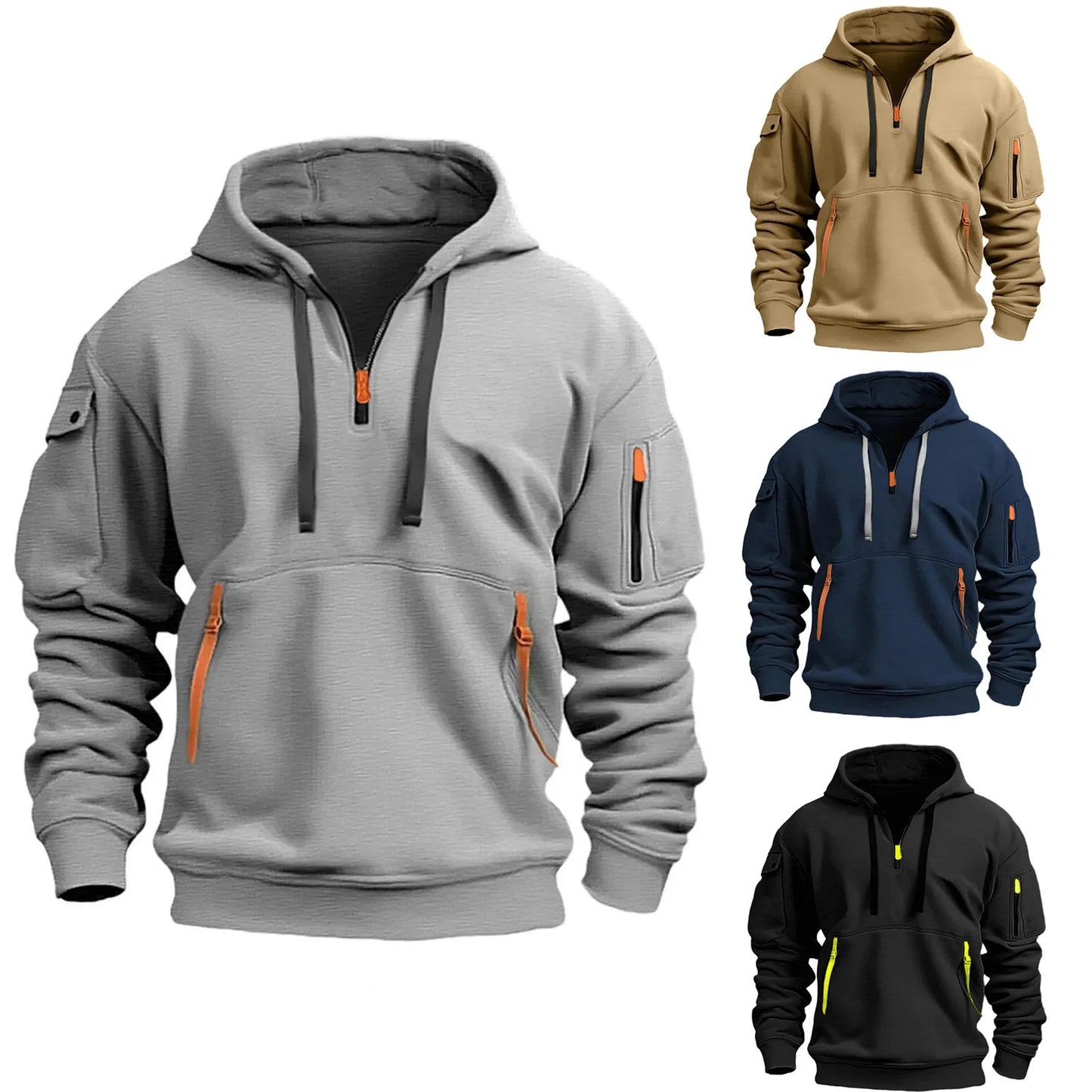 Men's Multi Pocket Zipper Fleece Hooded Sweatshirt