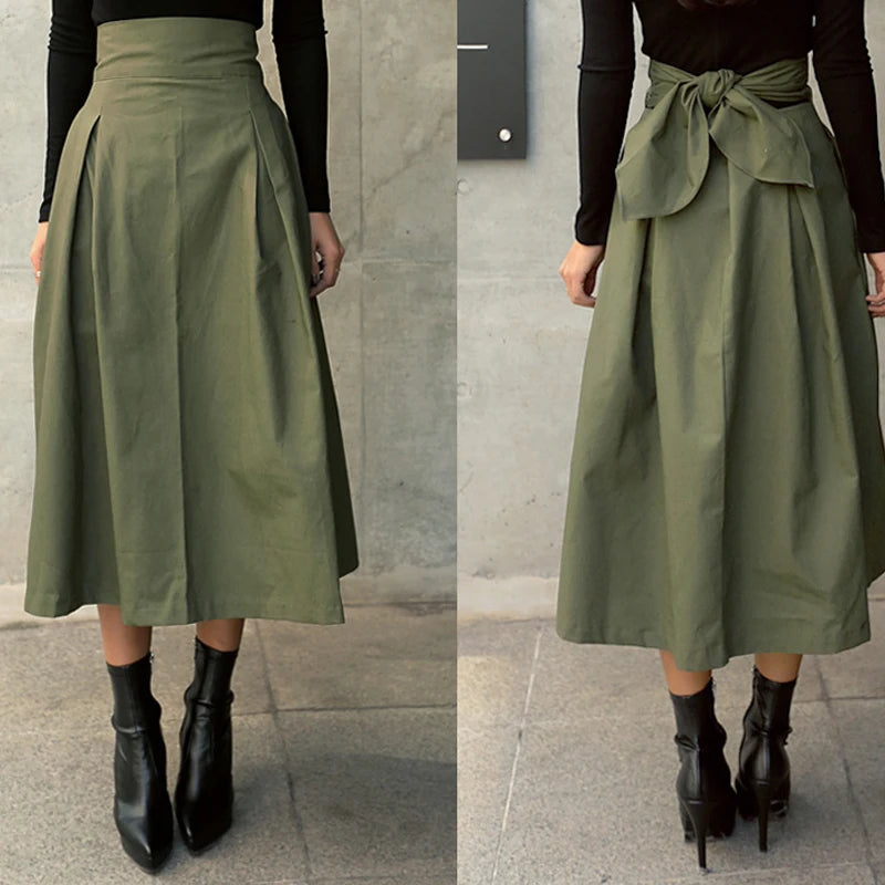 Women's High Waist Solid Skirt with Bow